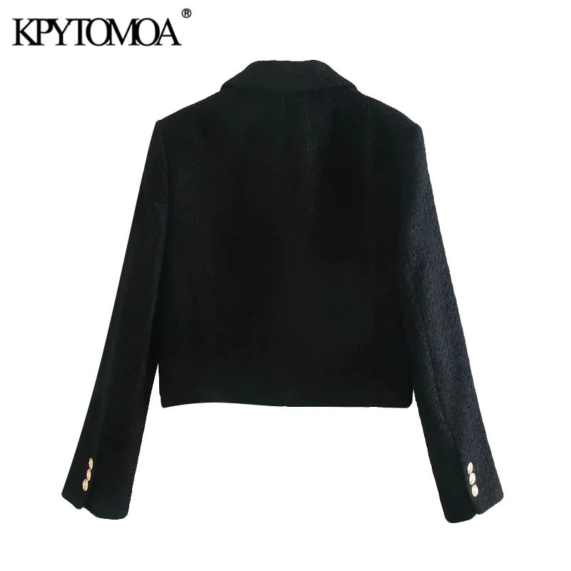 Women Fashion Double Breasted Tweed Cropped Blazer Coat Long Sleeve Pockets Female Outerwear Chic Tops 210420