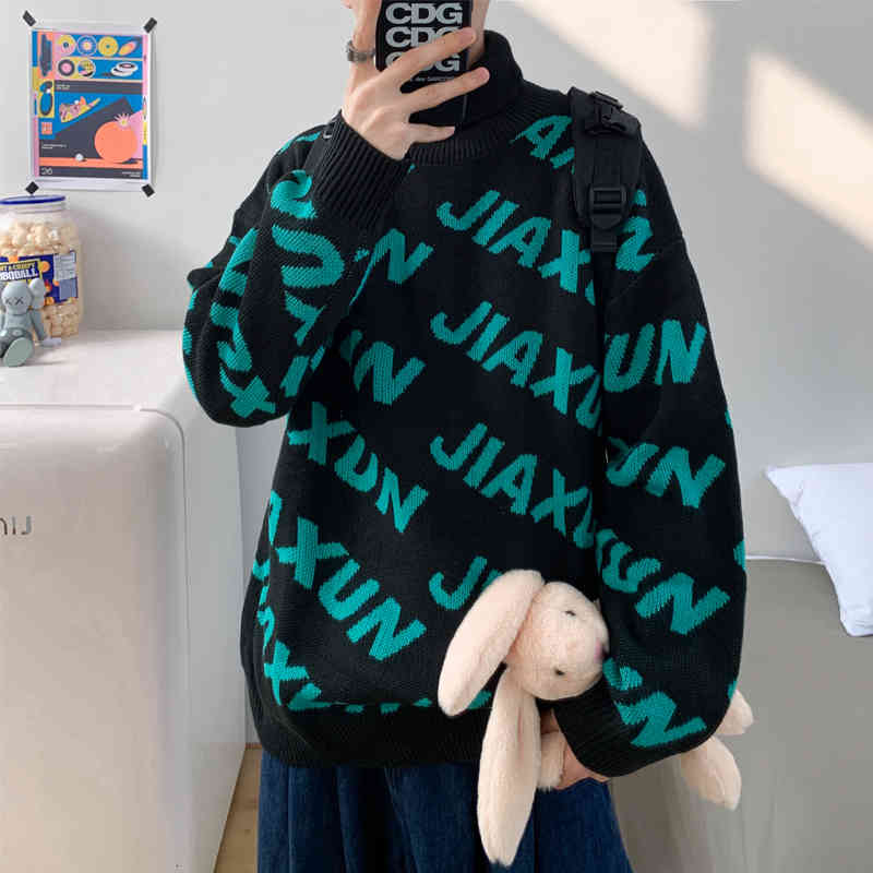 Men's Sweaters 2021 Men'S Black Green Print Long Sleeves Autumn Winter Pullover Turtleneck Knitted O-Neck Plus OverSize 5XL JL7I