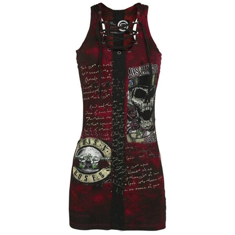 Punk Style Womens Club Gothic Skull Printing Vest Sexy Bandage Sleeveless O Neck Camisole Mini Dress Plus Size Casual Dresses