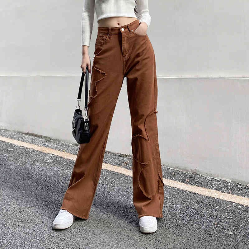 Woman jeans flare high Waist Jeans coffee Denim Streetwear Vintage Quality Fashion Harajuku Straight Pants 210524