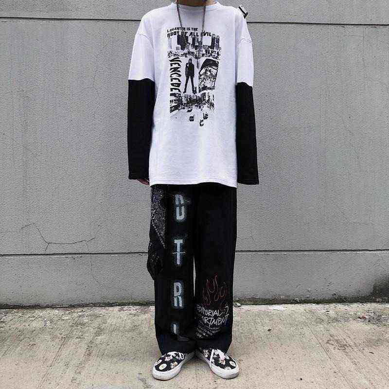 QWEEK Oversized Mall Goth Pants Grunge Aesthetic Punk Wide Leg Women Streetwear Graffiti High Waist Trousers 211124