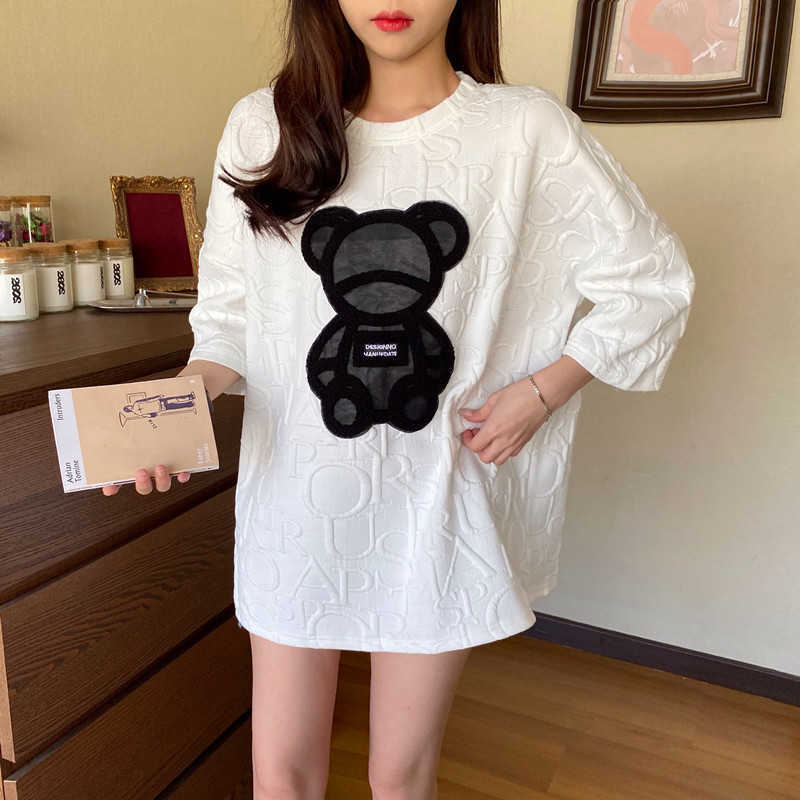 Women's T-shirts Harajuku Kawaii Girls Anime Y2K Tops Letter Jacquard O-neck Short Sleeves Loose Summer Tshirt Bear White Tees 210720
