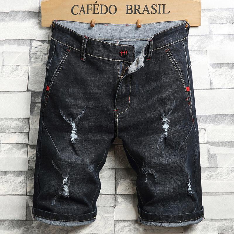 Ripped Holes Denim Cotton Men Shorts Pants Summer Hip Hop Slim Black Knee-Length Jeans Soft Blue Male Casual Trousers Men's