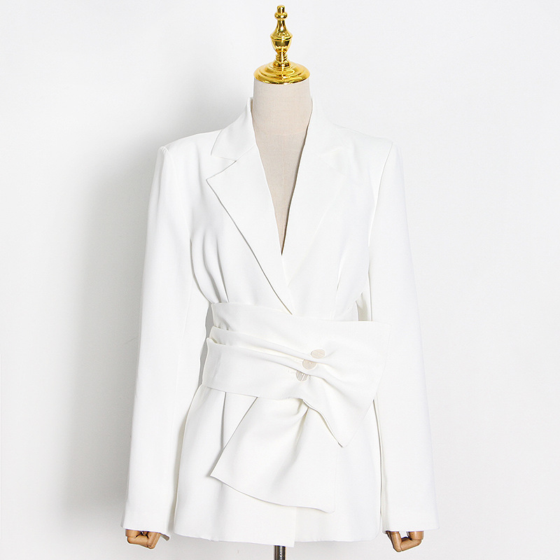 Women's Suits & Blazers Womens White Minimalist Women Notched Long Sleeve Sashes Elegant Female Fashion Clothing