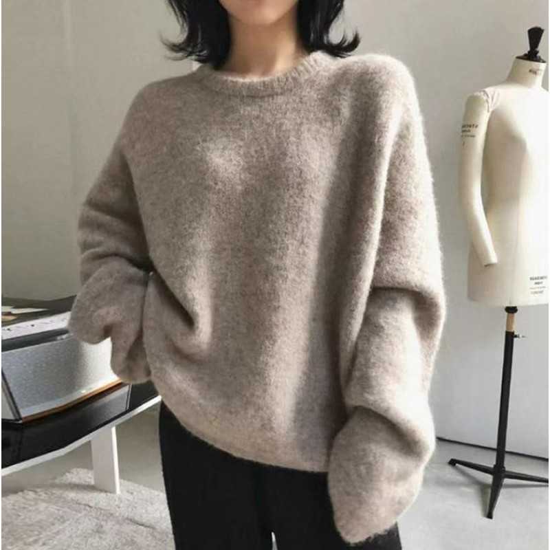 Yedians Solid Pullover Sweater Knitted Women Winter Long Sleeve O Neck Cashmere Warm Loose Jumper Ladies 210527