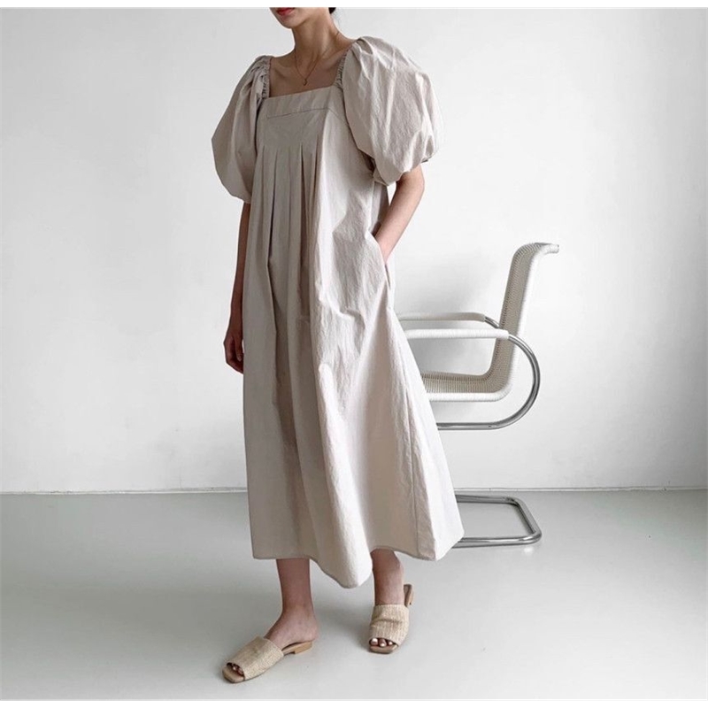Fashion Women Summer Dress Oversize High Waist Lantern Sleeve Vintage Lady Loose Long Vestidos 210520