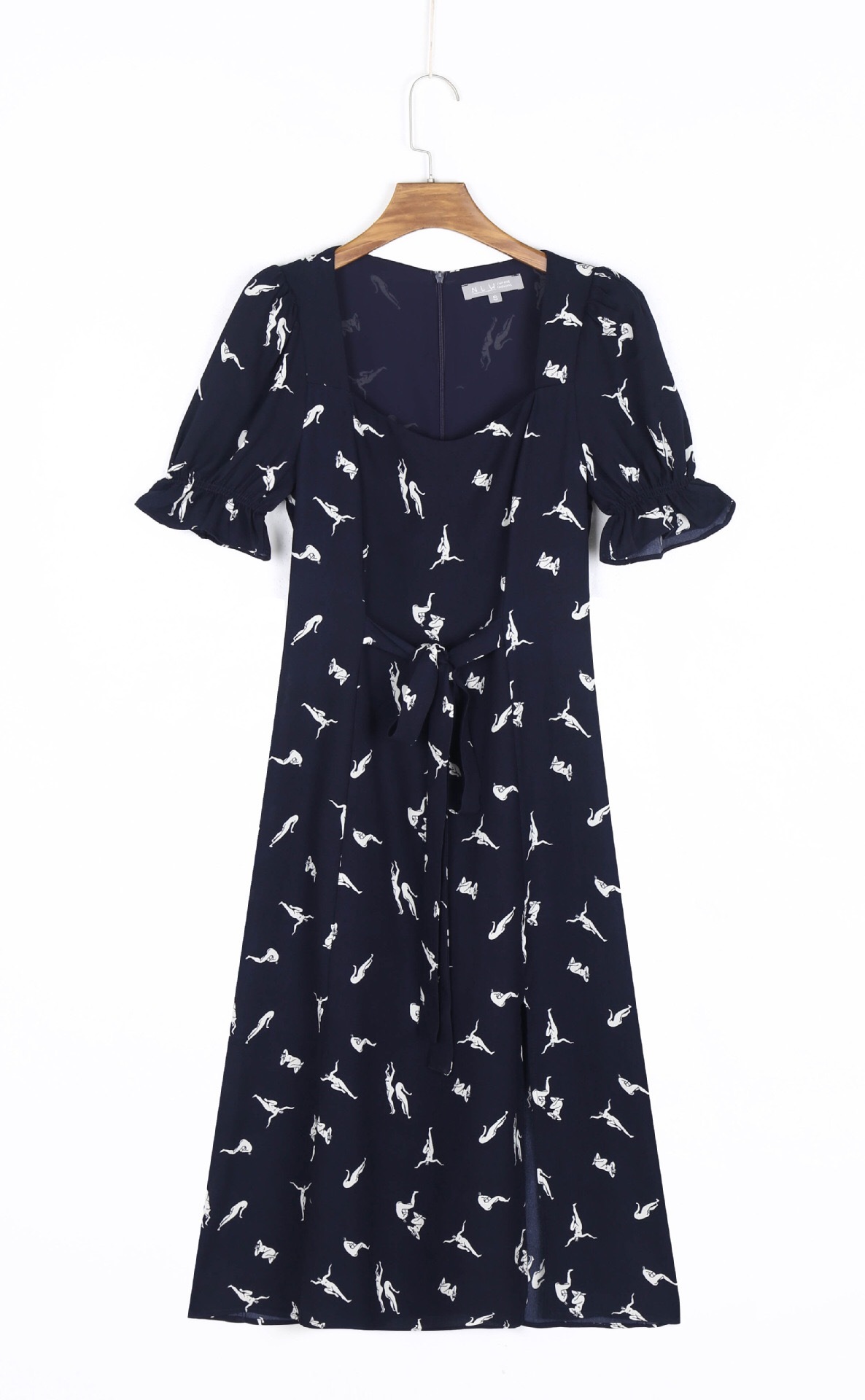 Summer Navy Retro Puff Sleeve Person Print Dress for Woman Square Collar Hem Slit Midi Dresses Holiday 210429