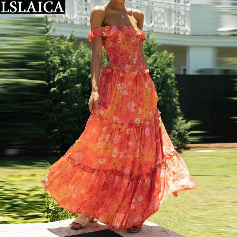 Wholesale Woman Dress Floral Print Fresh and Sweet Wrapped Breast Dresses for Women Holiday Beach Slash Neck Vestido De Mujer 210515