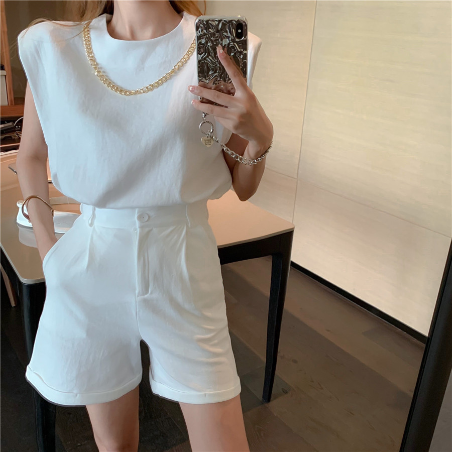 Summer Two Piece Suit Women Vintage Casual Chain O-Neck Sleeveless T- Shirt + High Waist Shorts Mujer Sets 210519