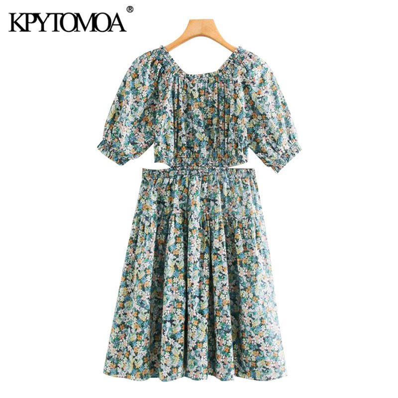 Women Chic Fashion With Cut-out Detail Smocked Trims Mini Dress O Neck Puff Sleeve Female Dresses Mujer 210420
