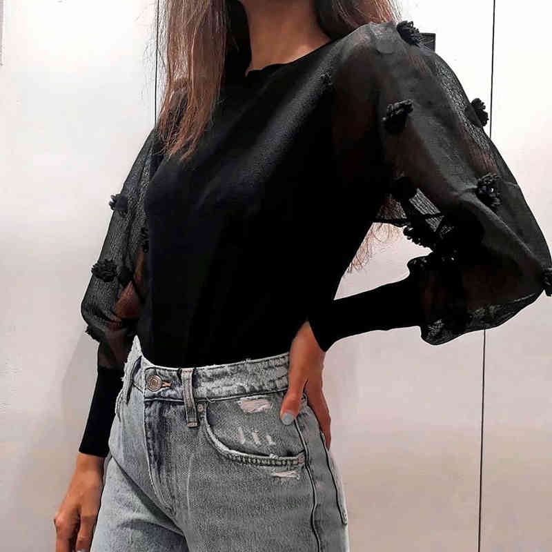 Black Mesh Patchwork Pullover Sweater, Transparent Long Sleeve Knitted Jumper For Women B4