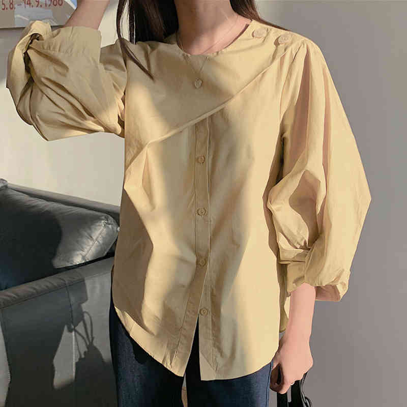 Nomikuma Causal O-neck Patchwork Blouse Shirt Korean Puff Sleeve Women Tops Spring New Pullover Blusas Feminimos 6E827 210427
