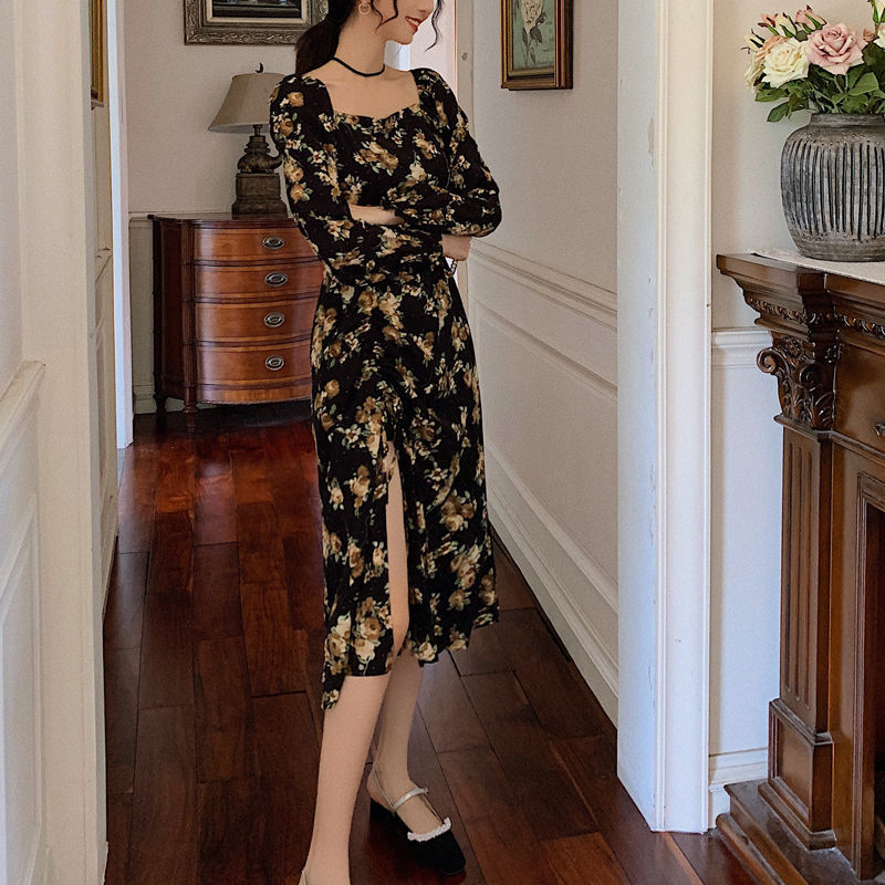 Elegant Floral Dress Women Long Sleeve Midi Vintage Dress Square Collar French Retro Sexy Party Dress Spring Korean Style 210521