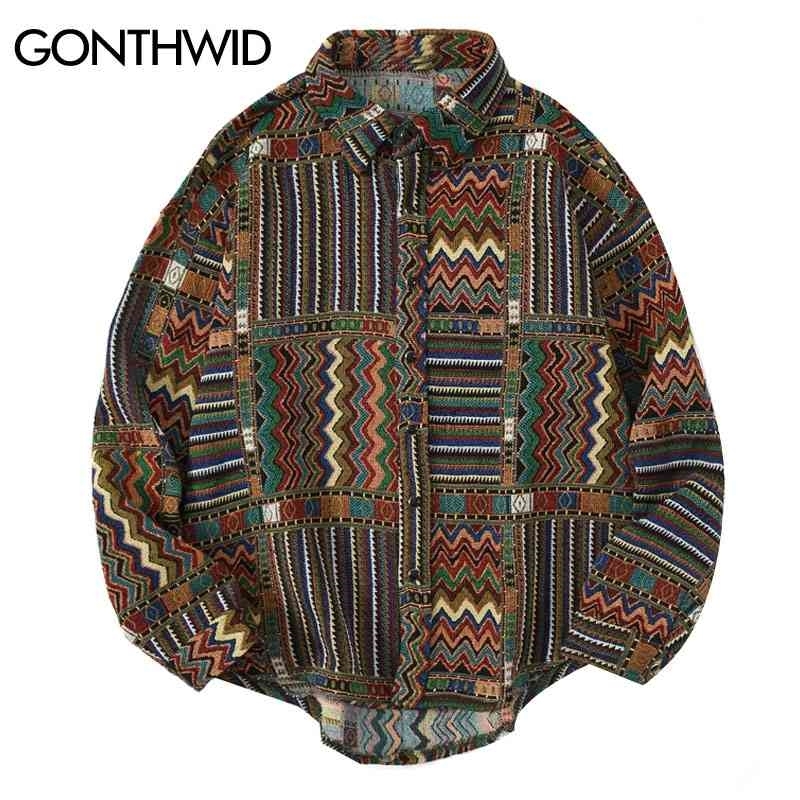 GONTHWID National Style Color Block Geometric Pattern Long Sleeve Tees Shirts Streetwear Hip Hop Harajuku Casual Loose Shirt Top 210410