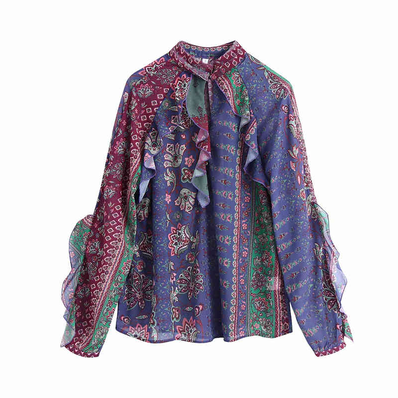 Vintage Women Chiffon Ruffles Shirts Fashion Ladies O-Neck Loose Tops Causal Female Boho Print Patchwork Blouses 210430
