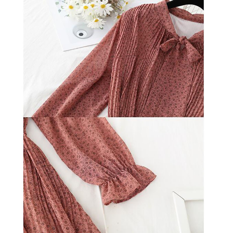 Spring Chiffon Floral Dress Women Vintage Long Sleeve Female Pleated Midi Dress Elegant Sashes Party Vestidos Femme 210521