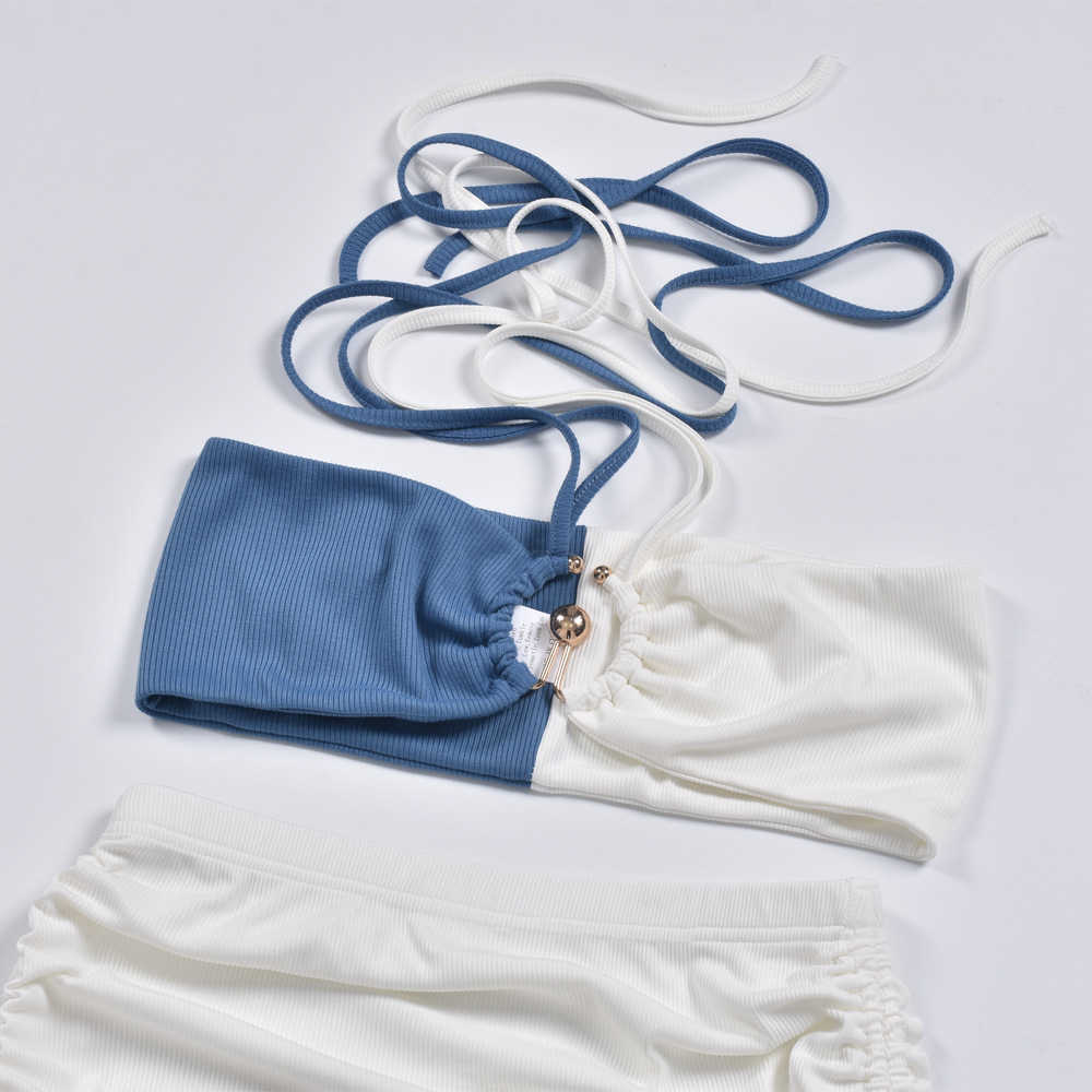 Halter Sexy Backless Cut Out Crop Top and Mini Skirts Drawstring Ruched Women Matching Club Fashion Outfits 210625