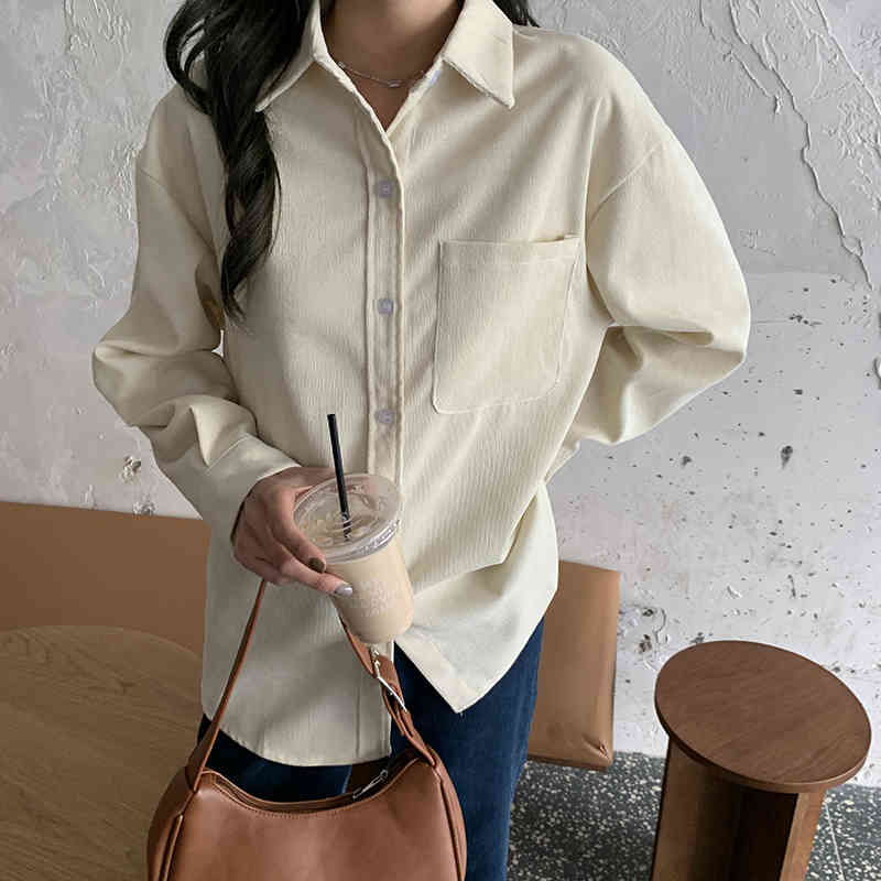 Beige Full Sleeves Corduroy Solid Chic Students Fashion Korean Girls Loose Slim All Match Office Lady Shirts 210421