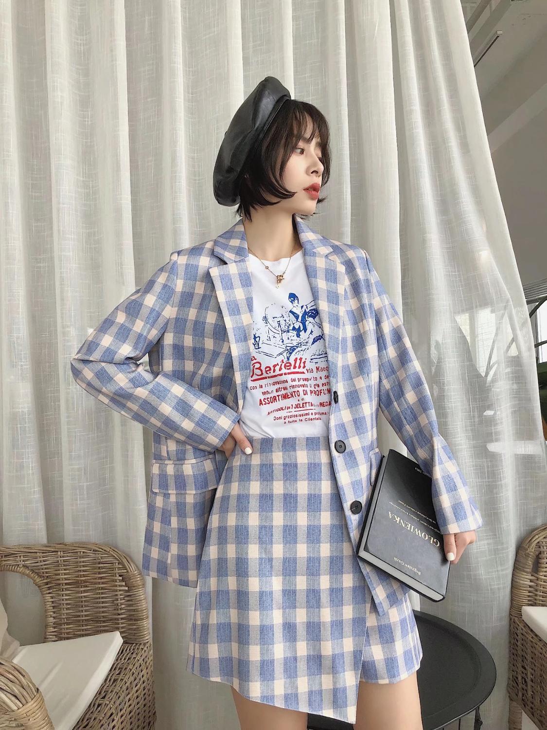 Boyfriend Style Blue White Gingham Plaid Print Blazer High Waist Skirt Shorts Pants Women Long Sleeve Suits 2 Pieces Set 210429