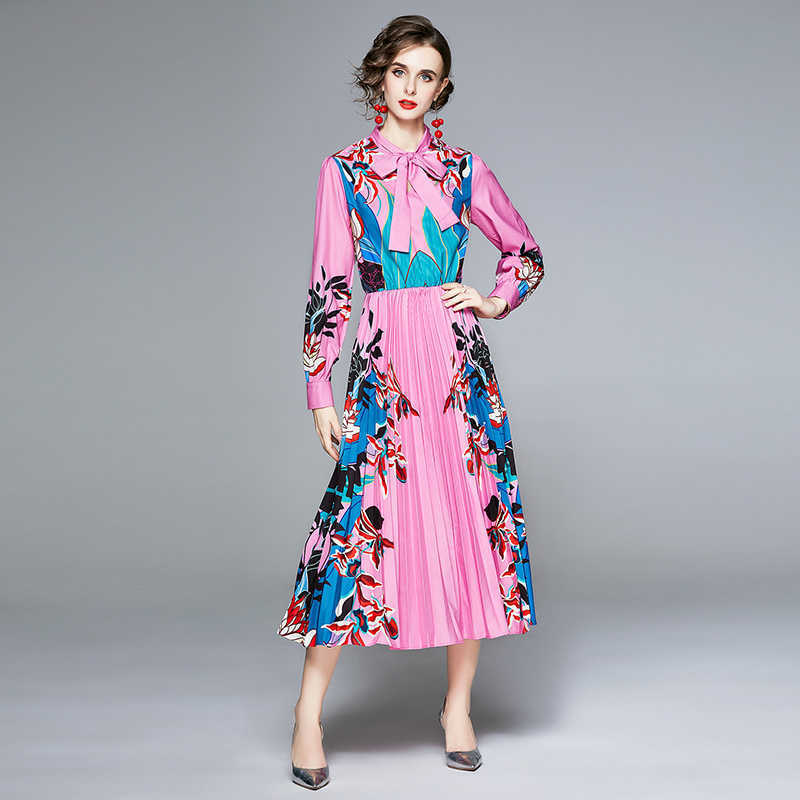 Autumn Women Floral Printed Bow Tie Collar Maxi Shirt Dress Elegant Vintage Female Long Sleeve Pleated Dresses Vestidos 210525