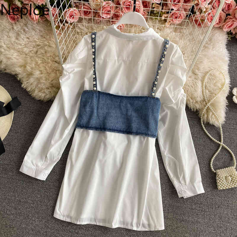 Neploe blouses women Loose Pleated Puff Sleeve Tops Korean fashion white tops beading Denim sling vest Two Piece Set Woman 4h617 210422