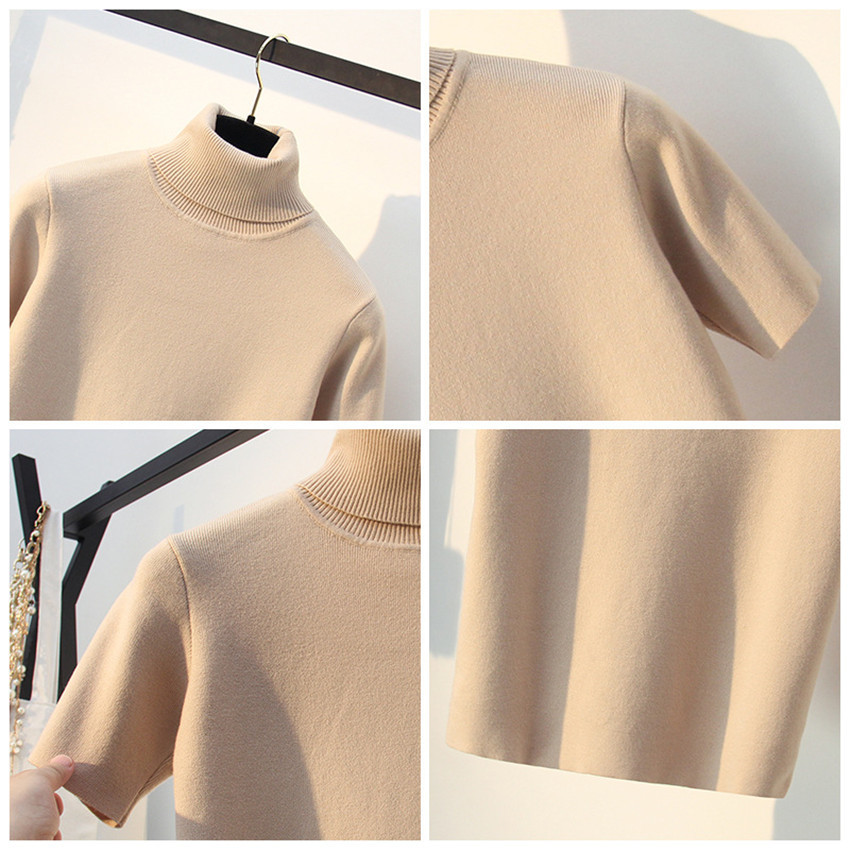 Spring Knitted Tops Women Short Sleeve T shirt Autumn Winter Turtleneck Pullovers T-shirt Tee Shirt Femme Tshirt Knitwear 210406