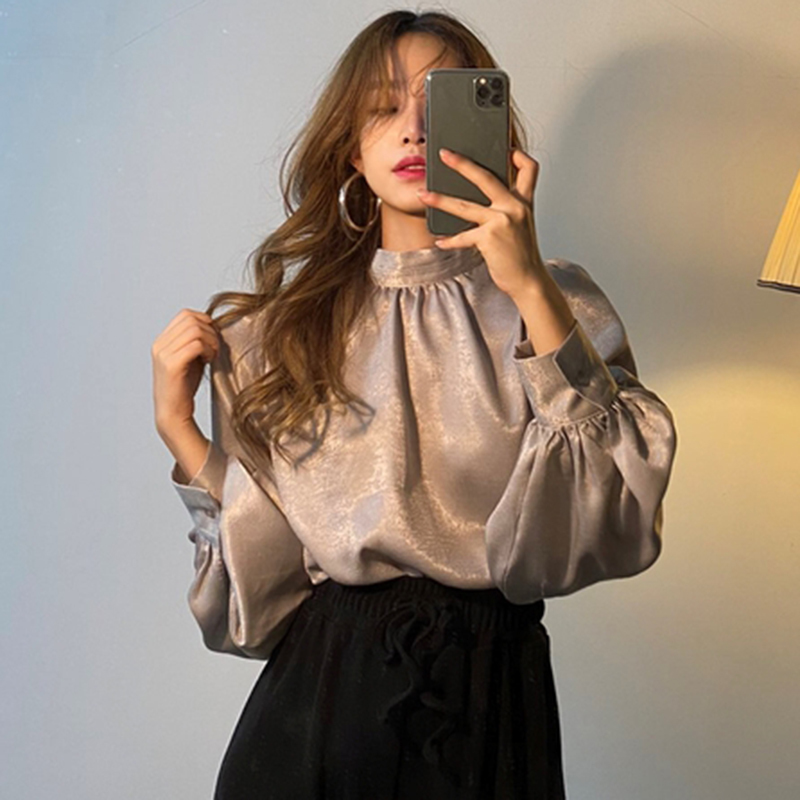 Elegant Shirt Spring Femme Casual Tops Women Long Puff Sleeve Satin Silk Blouse Girls Korean Office Blouses Solid Blusas 210519