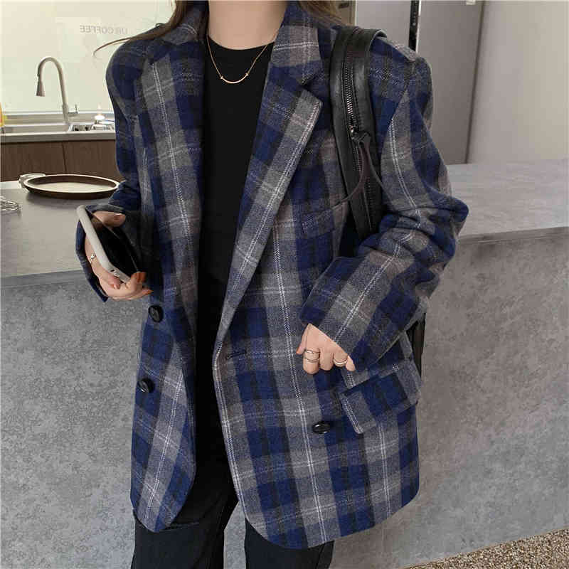 OL Notched Vintage Elegant Casual Plaid Woolen Blazer Jacket Autumn Winter Tops Women Blazers Loose Suit Coat Female 210421