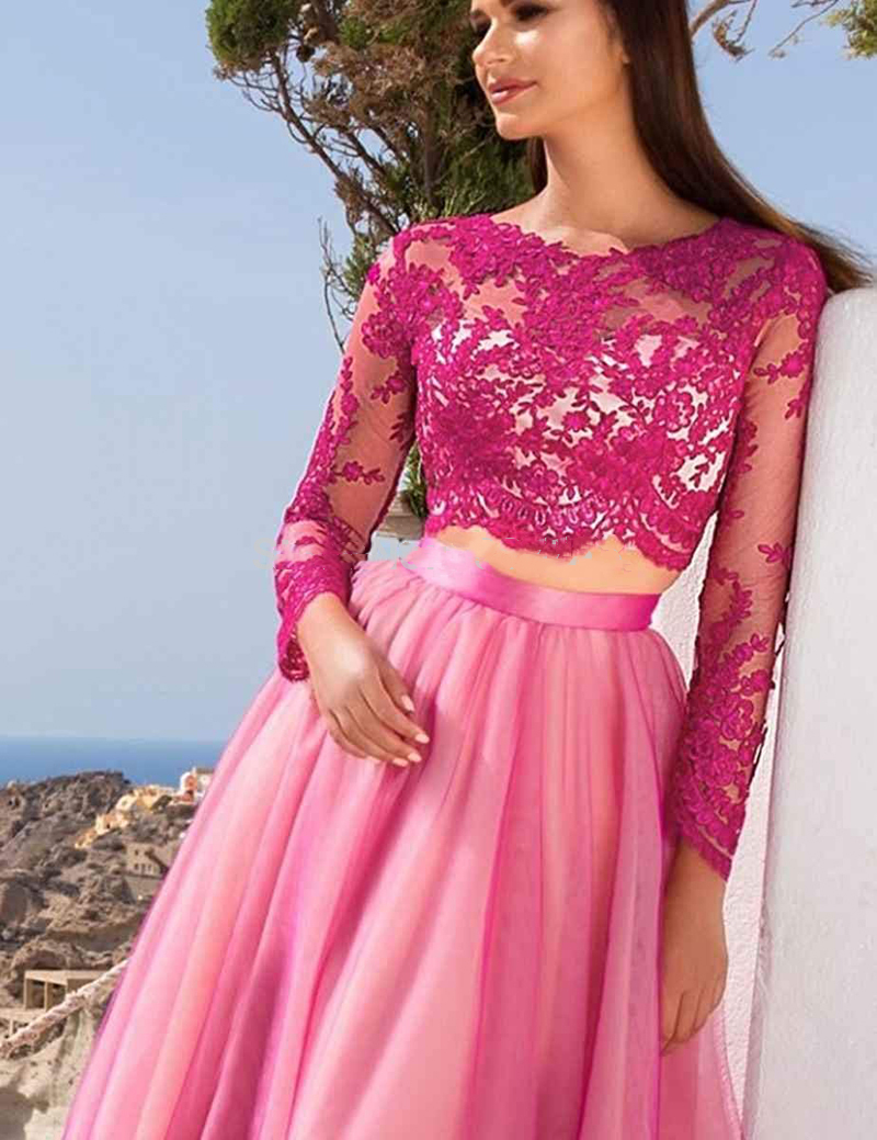 Two Piece Fuchsia Prom Dresses For Girls Lace Long Sleeve Tulle A-Line Sweet 16 Brithday Quinceanera Dress Appliqued Jewel Neck Evening Party Gowns