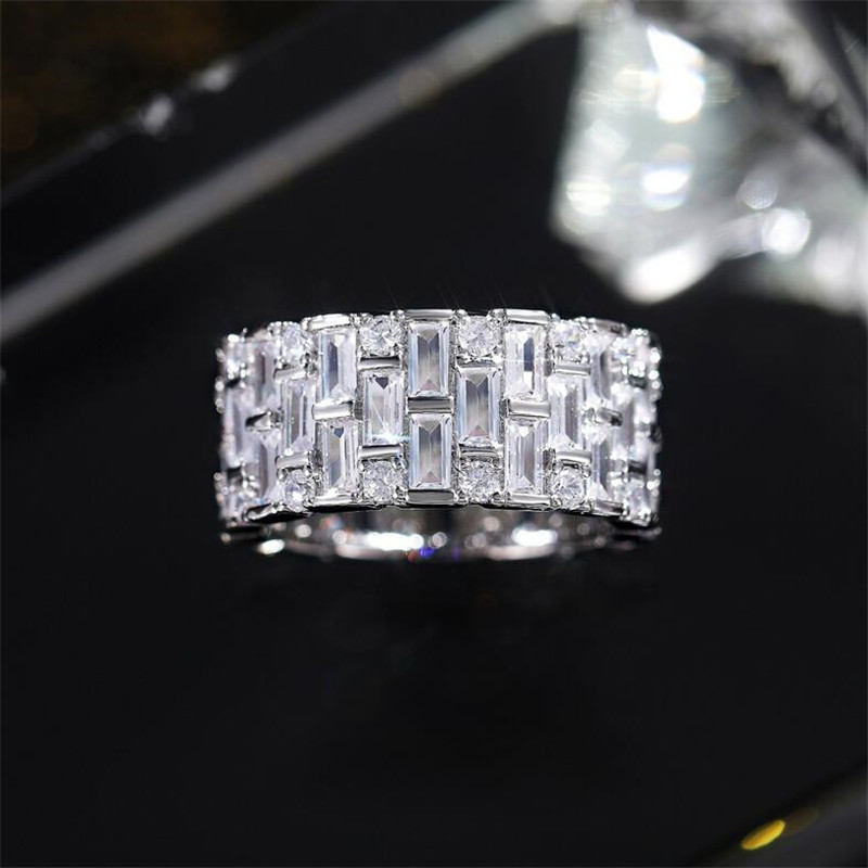 Cocktail Brand Wedding Rings SPakrling Luxury Jewery 925 Sterling Silver Princess Cut White Topaz CZ Diamond Gemstones Eternity Women Engagement Band 