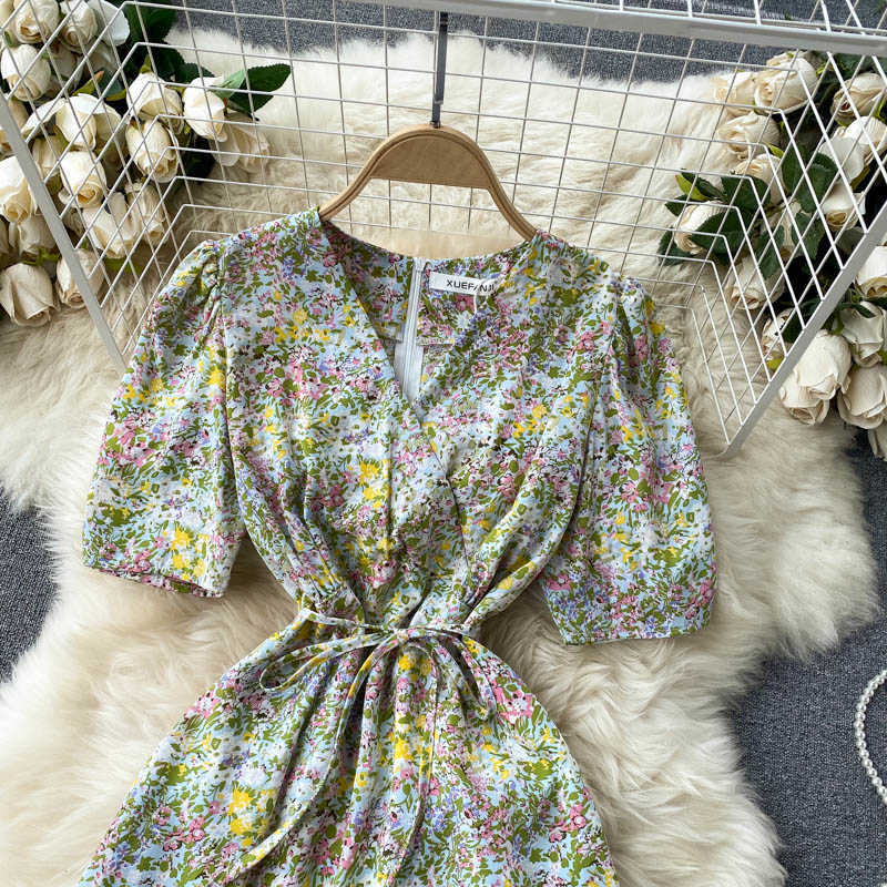 Women Fashion Floral Print A-line Mini Dress Summer V Collar High Waist Slim Short Sleeve Clothes Vestidos S067 210527