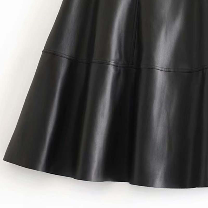 Vintage belt PU leather midi skirt womens high waist Streetwear casual black pleated full korean faldas mujer 210521