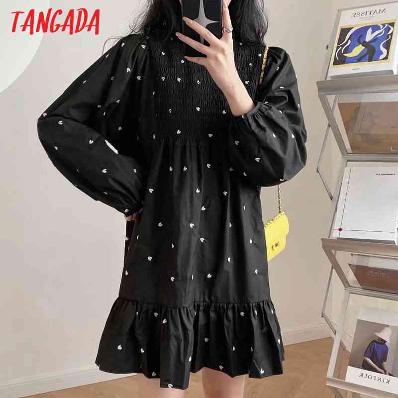 Women Heart Embroidery Black Dress Long Sleeve Pleated Females Mini Dresses Vestidos 5B19 210416