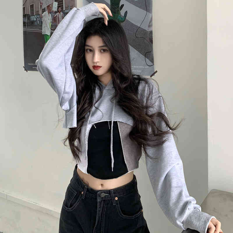 autumn korean style short Women Sweatshirts Long Sleeve loose soild color Sweatshirt Womens pullovers (C2856) 210423