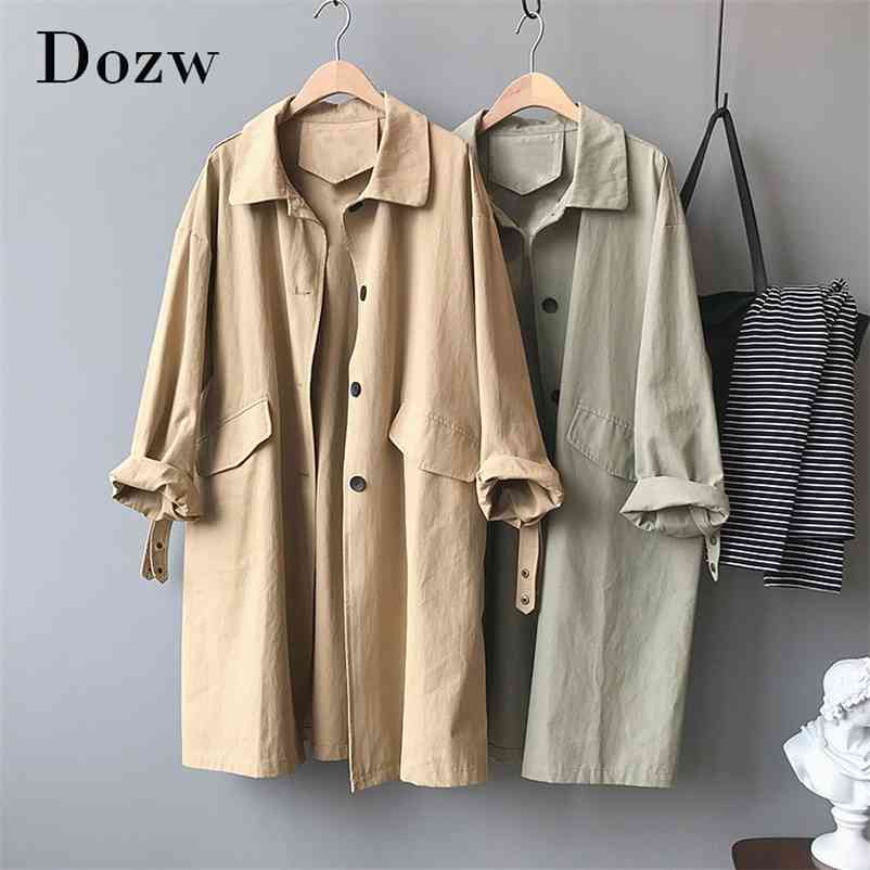 Long Trench Coat For Women Fashion Loose Cotton Overcoat With Pockets Solid Single Breasted Casual Windbreaker Outerwear 210515