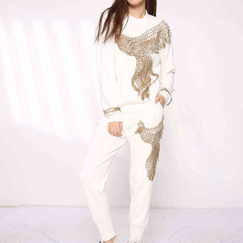 [EAM] Wide Leg Pants Knitting Two Piece Suit Round Neck Long Sleeve Loose Fit Women Fashion Autumn Winter 3AC224 211116