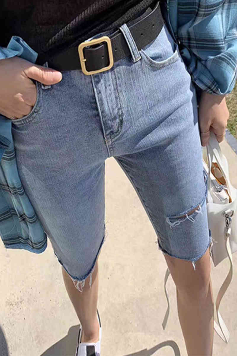 Summer Blue Denim Shorts Streetwear Elastic Jeans Women Ripped for Skinny Lady Knee Length Pants Spodenki 10420 210508