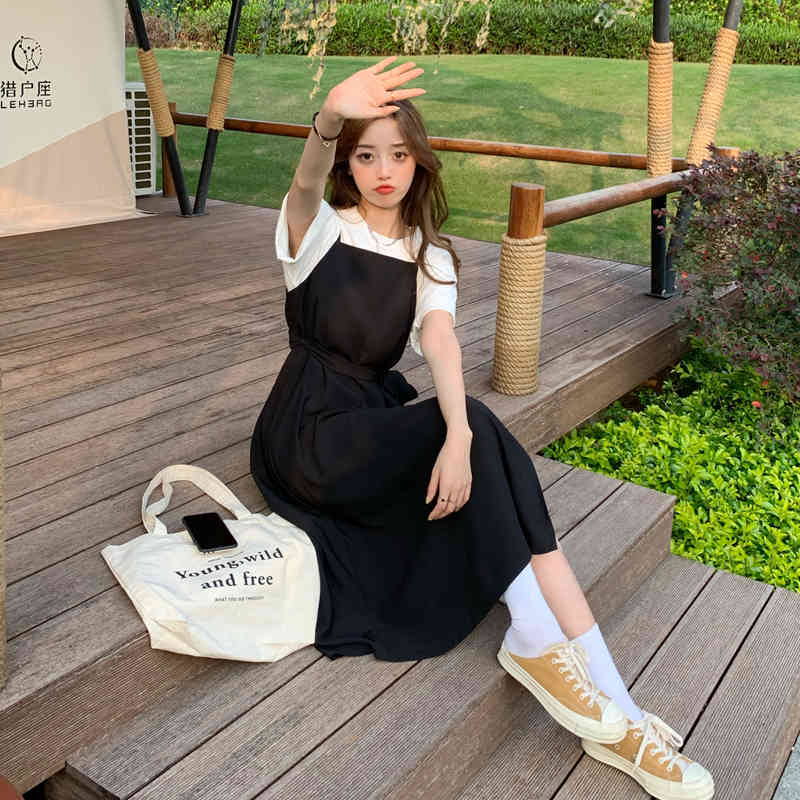 Bohemian Beach Summer Dress Women Casual Preppy Style Spaghetti Strap Black Patchwork Vintage Long dress Female (N0071) 210423