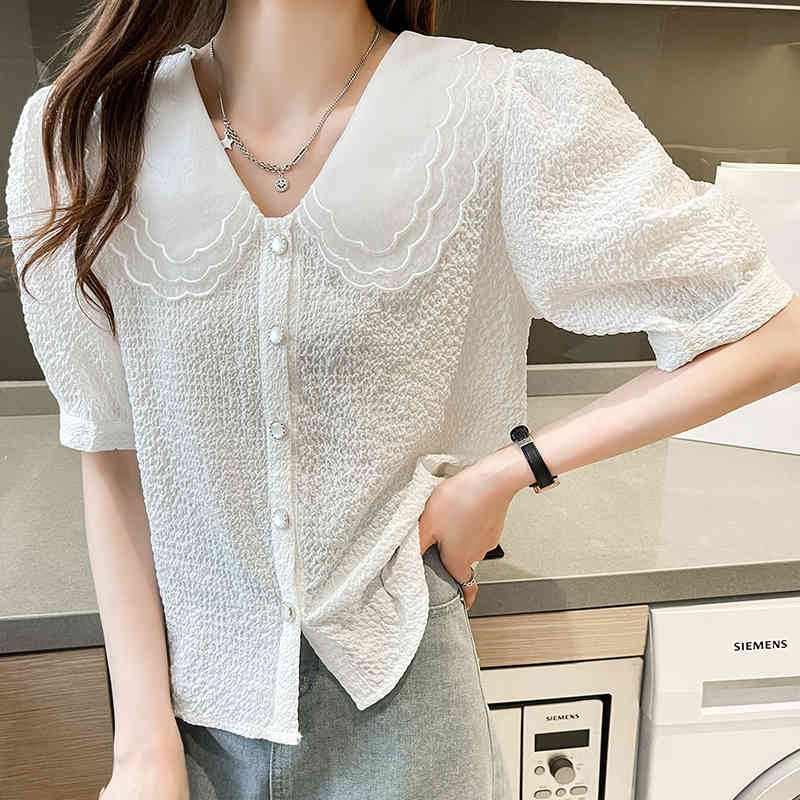 QOERLIN Blusas Mujer De Moda Double Layer Collar Elegant Shirts Turn Down Collar Puff Sleeve Blouse Korean Clothes Women Tops 210412