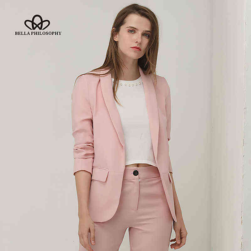 Bella Philosohy Spring Fashion Red Blazer Women OL Puff Sleeve Workwear Coat No Button Three Quarter Ladies Outwears 211122