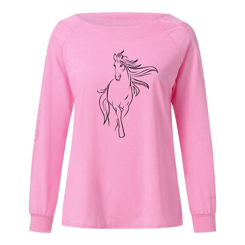 Creative Horse T Shirt Women Long Sleeve O-Neck T-shirt Woman Clothing animals Tops Girl Casual Loose Lace Top Tees 210406