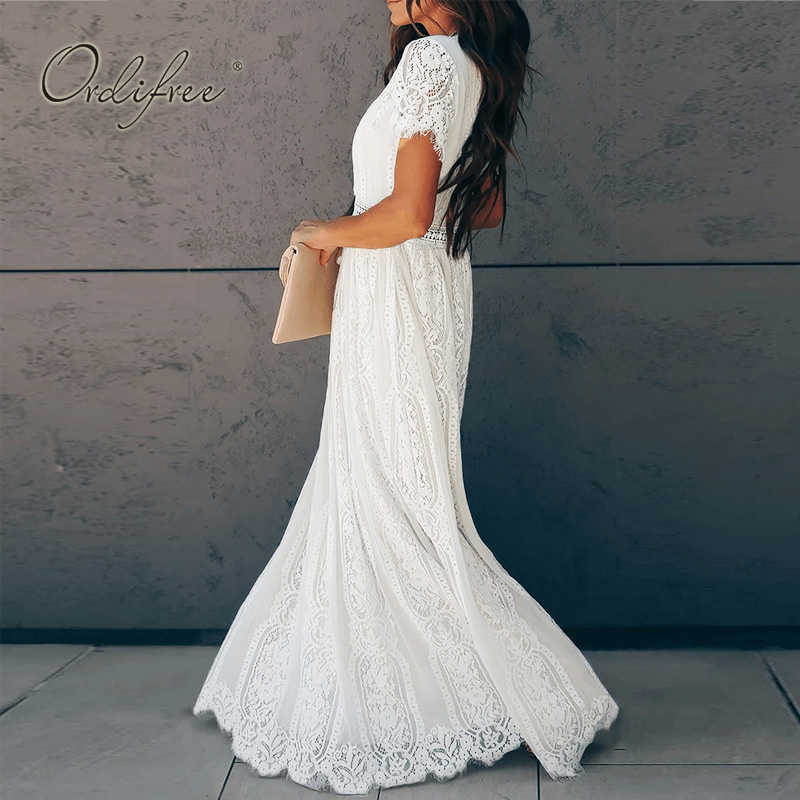 Ordifree Summer Vintage Women Maxi Party Dress Short Sleeve White Lace Long Tunic Beach Dress Vocation Holiday Clothes 210630