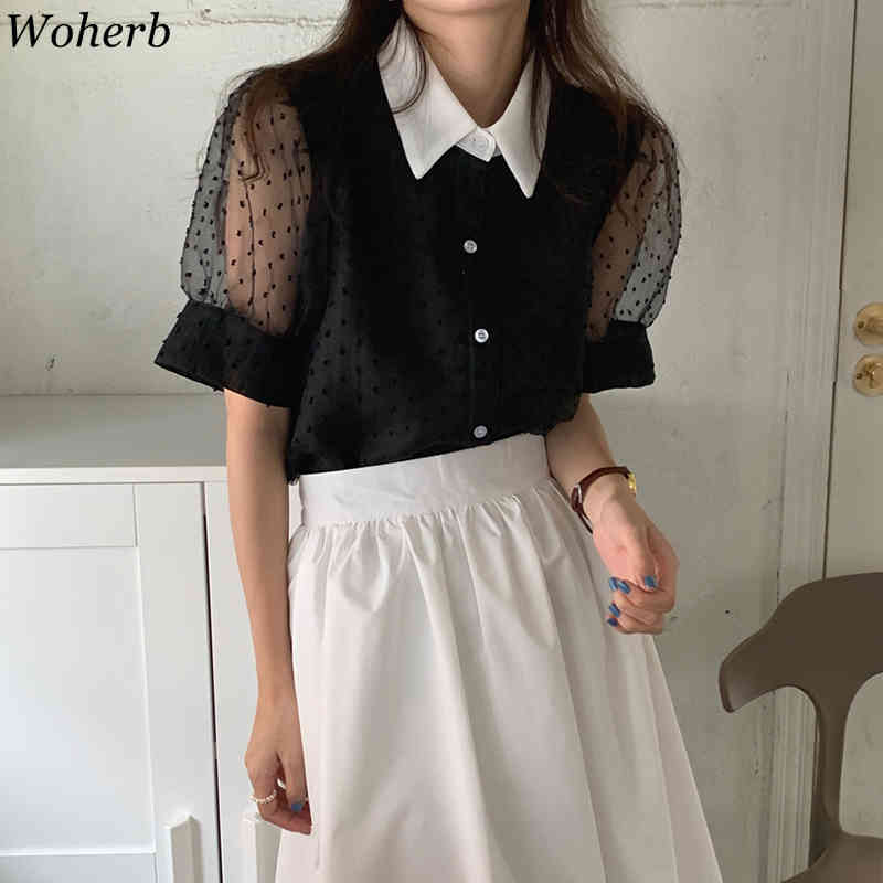 Summer See Through Shirt Women Puff Sleeve Sexy Blouse Mesh Tops Femme Vintage Clothing Ladies Korean Fashion Blusas 210519
