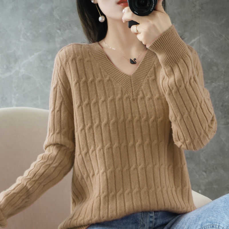 Autumn and winter twist sweater women loose Korean version all-match big size jacket V-neck long sleeve head bottom 210914