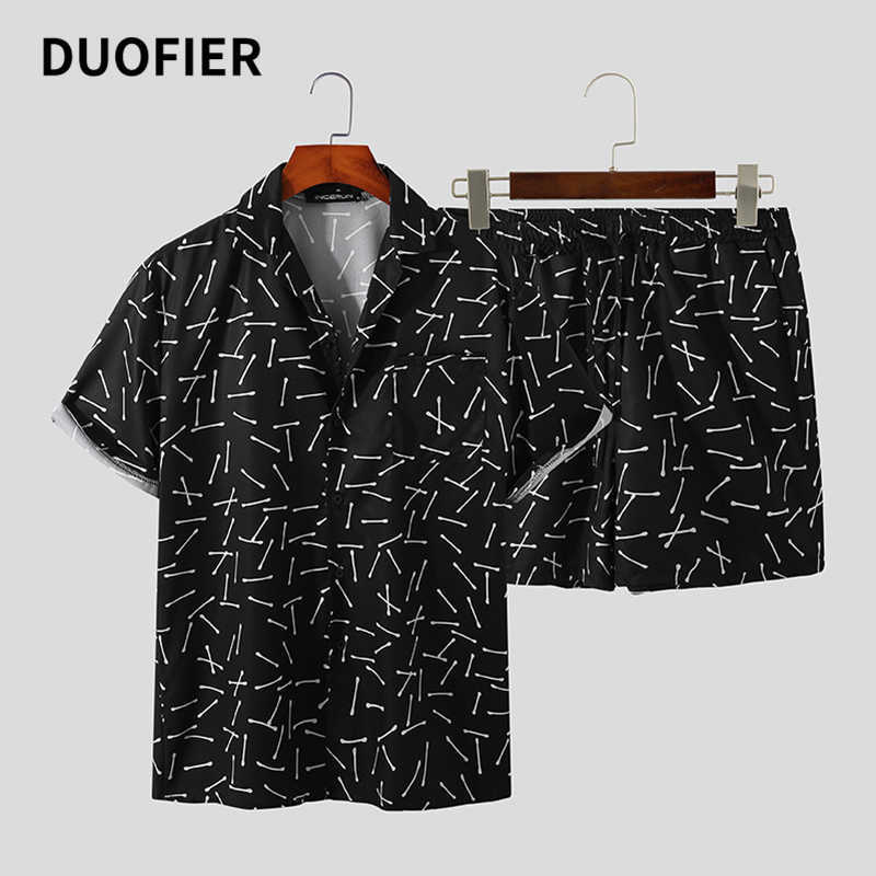 Hawaiian Men's Sets Printing Summer Short Sleeve Turn Down Collar Shirt Beach Shorts Streetwear Casual Male Suit Blouses Tops 210603