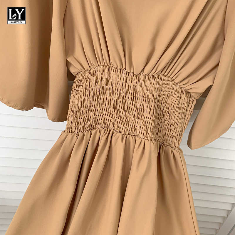 LY VAREY LIN Summer Women High Waist A-line Solid Color Medium Long Dresses Casual Square Collar Flare Sleeve Female 210526