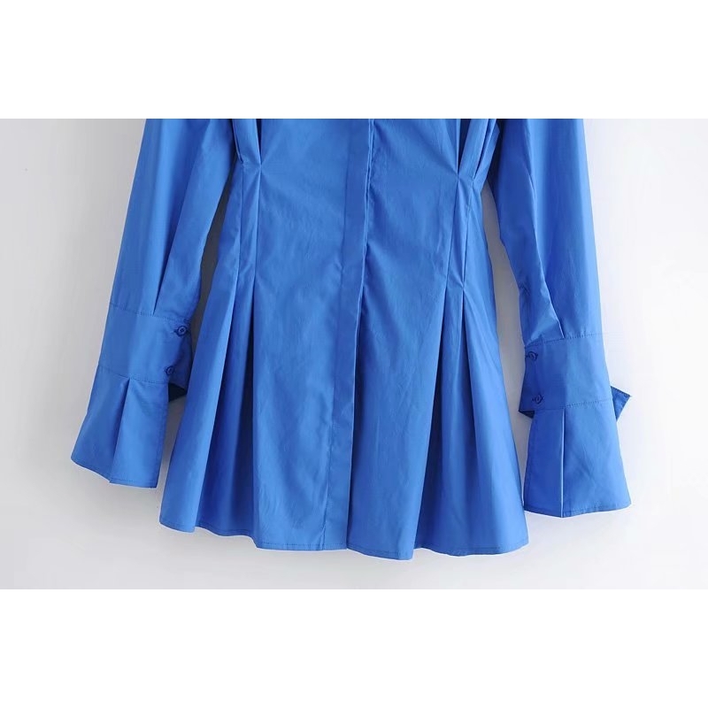 Streetwear Women Blue Pocket Dresses Fashion Ladies Waist-Controlled Mini Vestidos Causal Female Chic Pleated Dress 210430