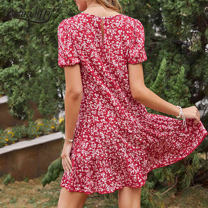 Crew Neck Puff Sleeve Ruffle Hem Dresses Women Summer Holiday Casual Print Short Dress Clothing 210510