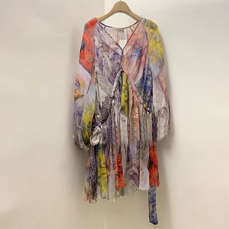 Tie Dye Printed Beach Dress Women's Summer V-neck Loose Lace Up Waist Lantern Long Sleeve Dresses 5E257 210427