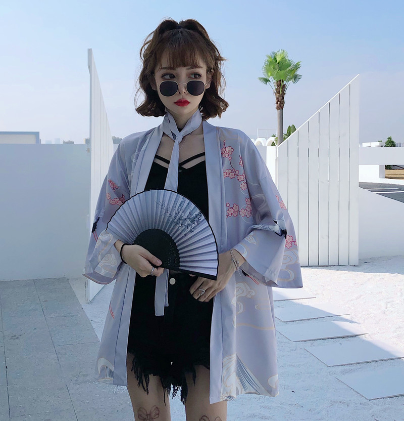 Yukata Female Kimono Cardigan Shirt Harajuku Crane Prtint Blusas Woman Blouse Obi Haori Japanese Streetwear Summer 210519